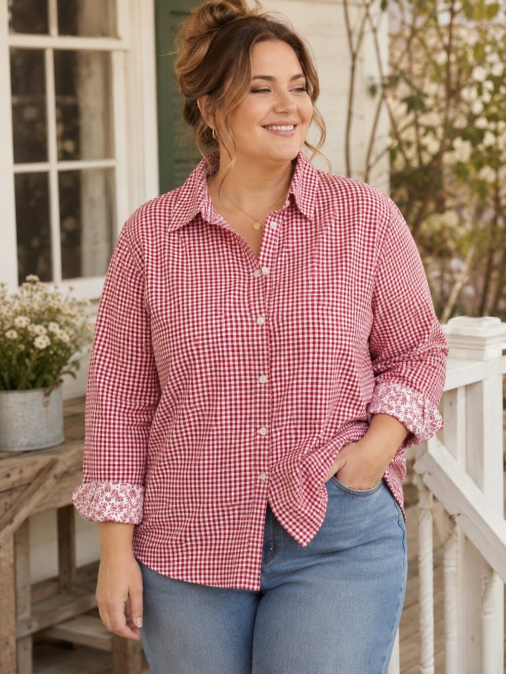 Vintage 90s Susan Graver 1X Red Gingham Button Down Americana Cottagecore Shirt